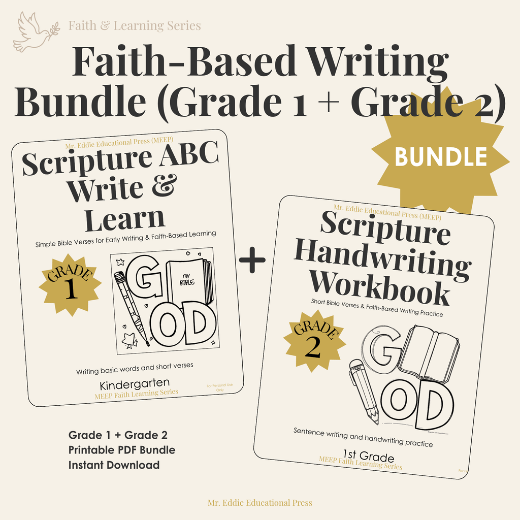 Faith-Based Writing Bundle (Grade 1 + Grade 2) | Christian Handwriting & Scripture Workbook Bundle (Printable PDF)