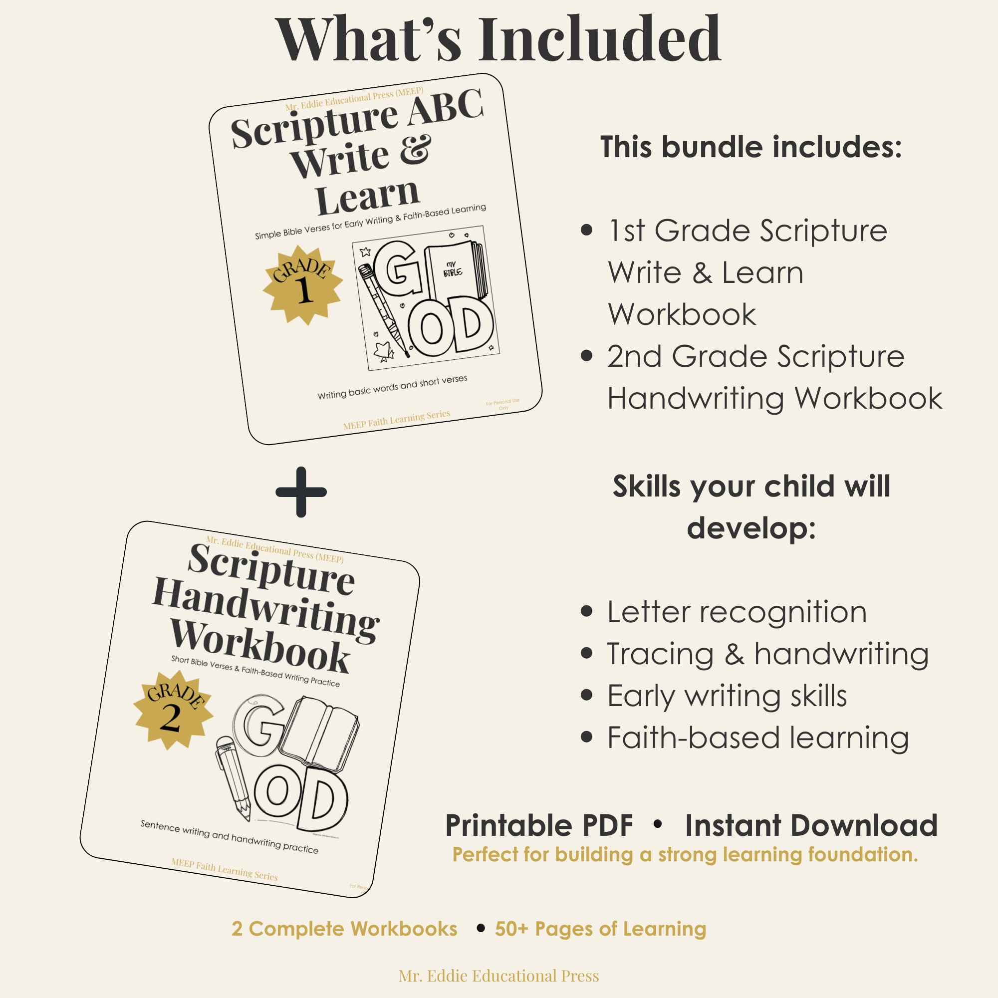 Faith-Based Writing Bundle (Grade 1 + Grade 2) | Christian Handwriting & Scripture Workbook Bundle (Printable PDF)