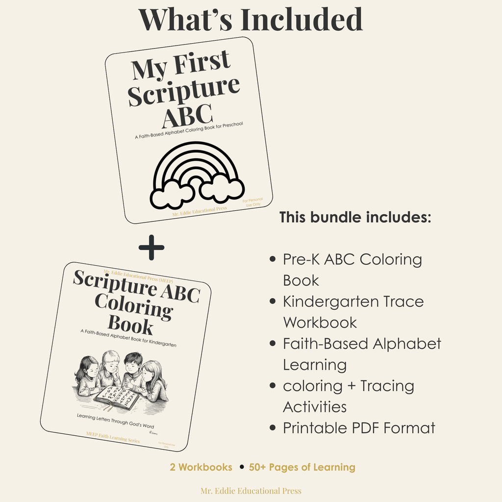 Early Learners Faith Bundle (Pre-K + Kindergarten) | Christian Alphabet Workbook Bundle (Printable PDF)