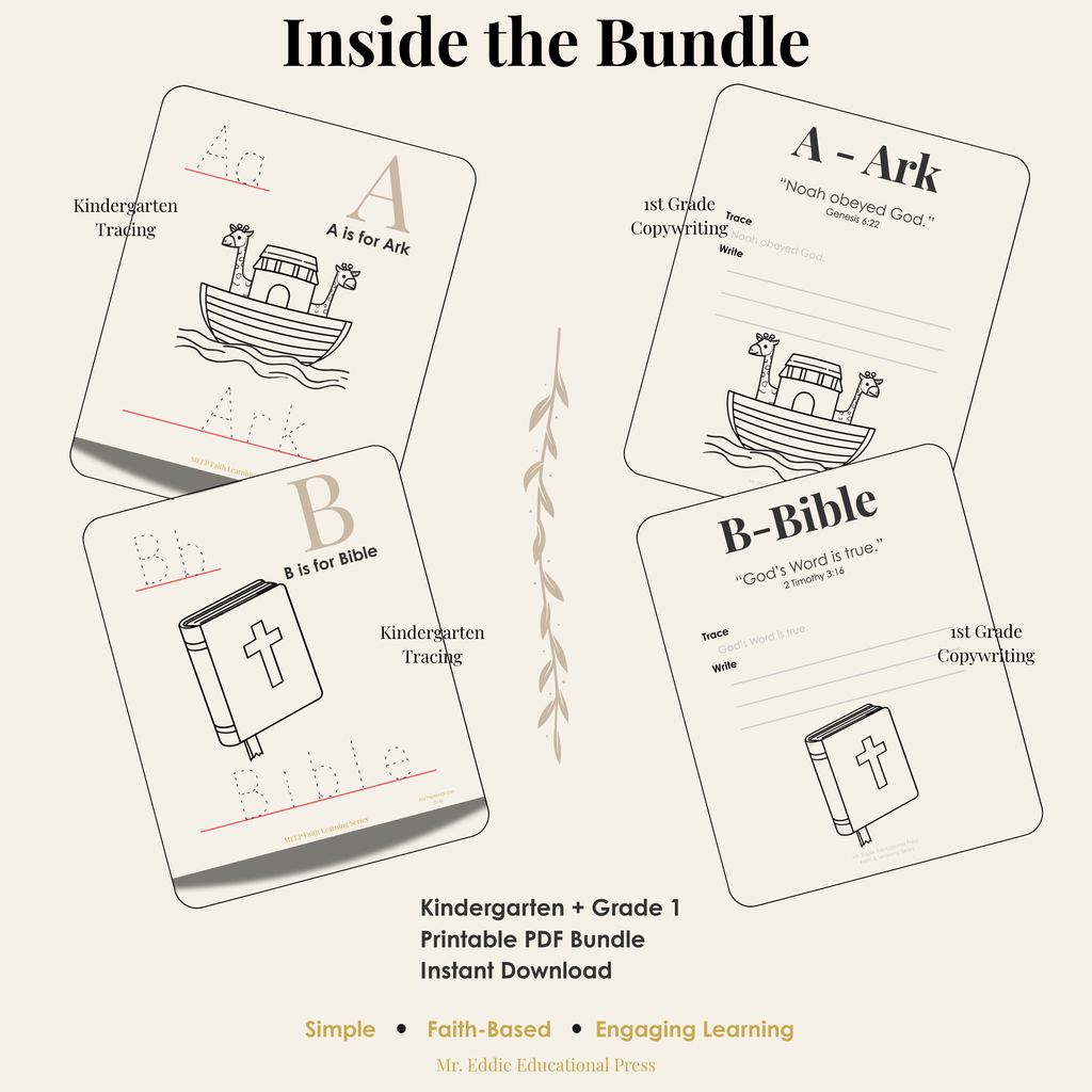 Beginner Writers Faith Bundle (Kindergarten + Grade 1) | Christian Alphabet Writing Workbook Bundle (Printable PDF)