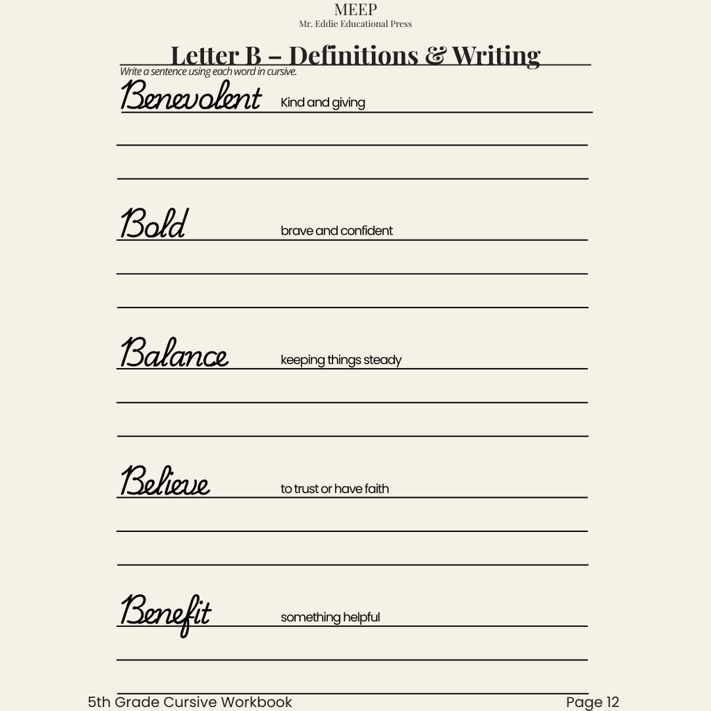 5th Grade Cursive Writing & Vocabulary Workbook (Faith-Based Learning)