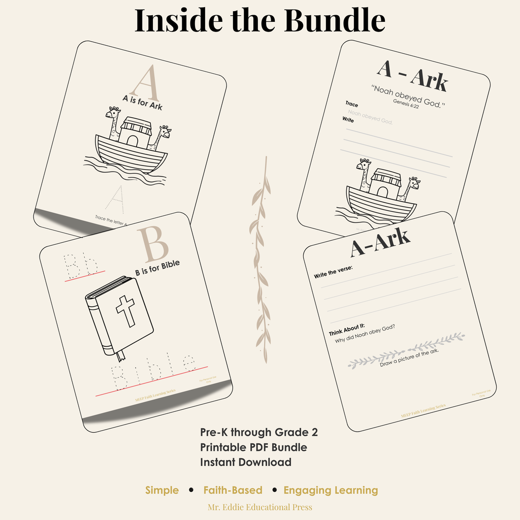 Christian Alphabet Worksheets for Preschool to 2nd Grade (Printable Learning Bundle)