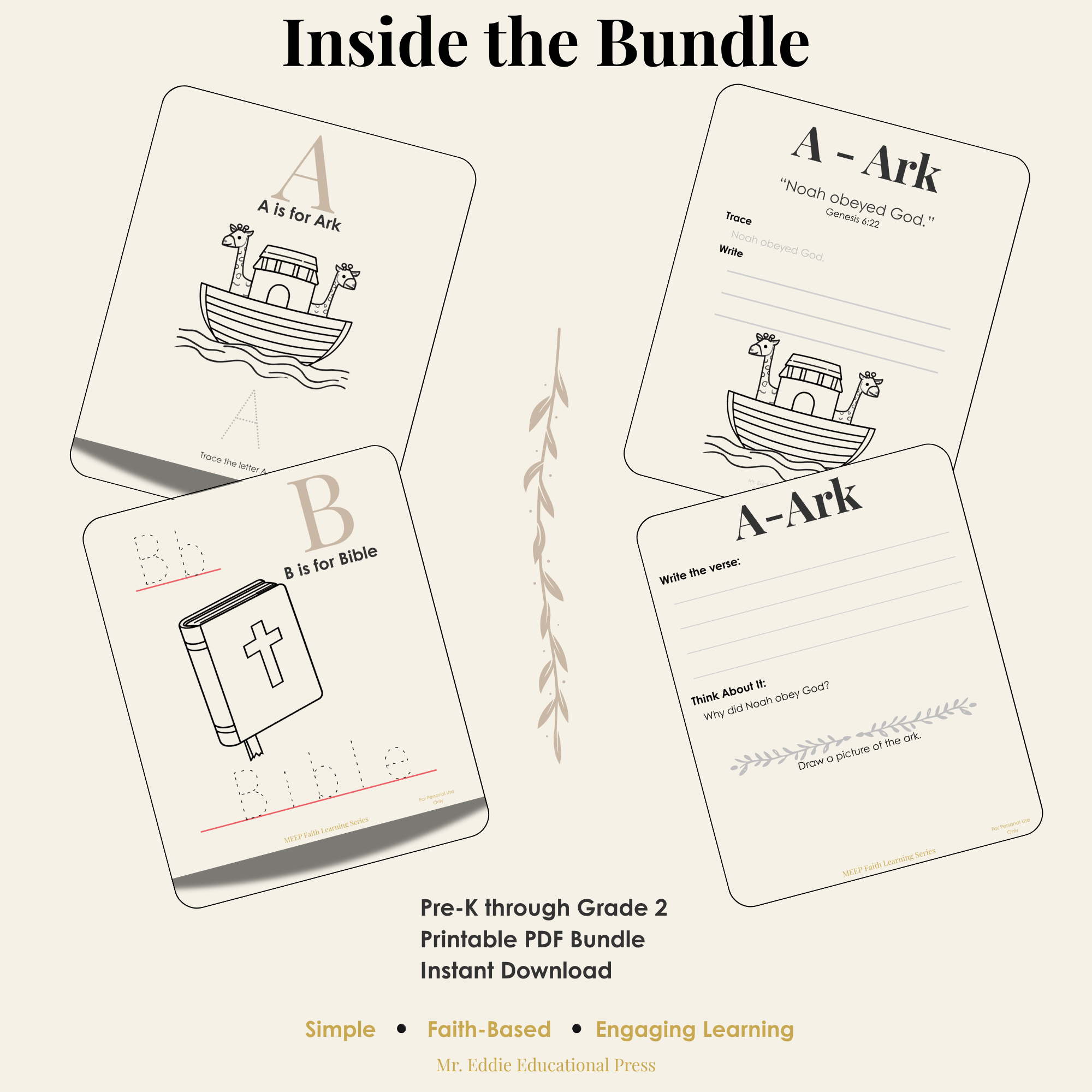 Christian Alphabet Worksheets for Preschool to 2nd Grade (Printable Learning Bundle)