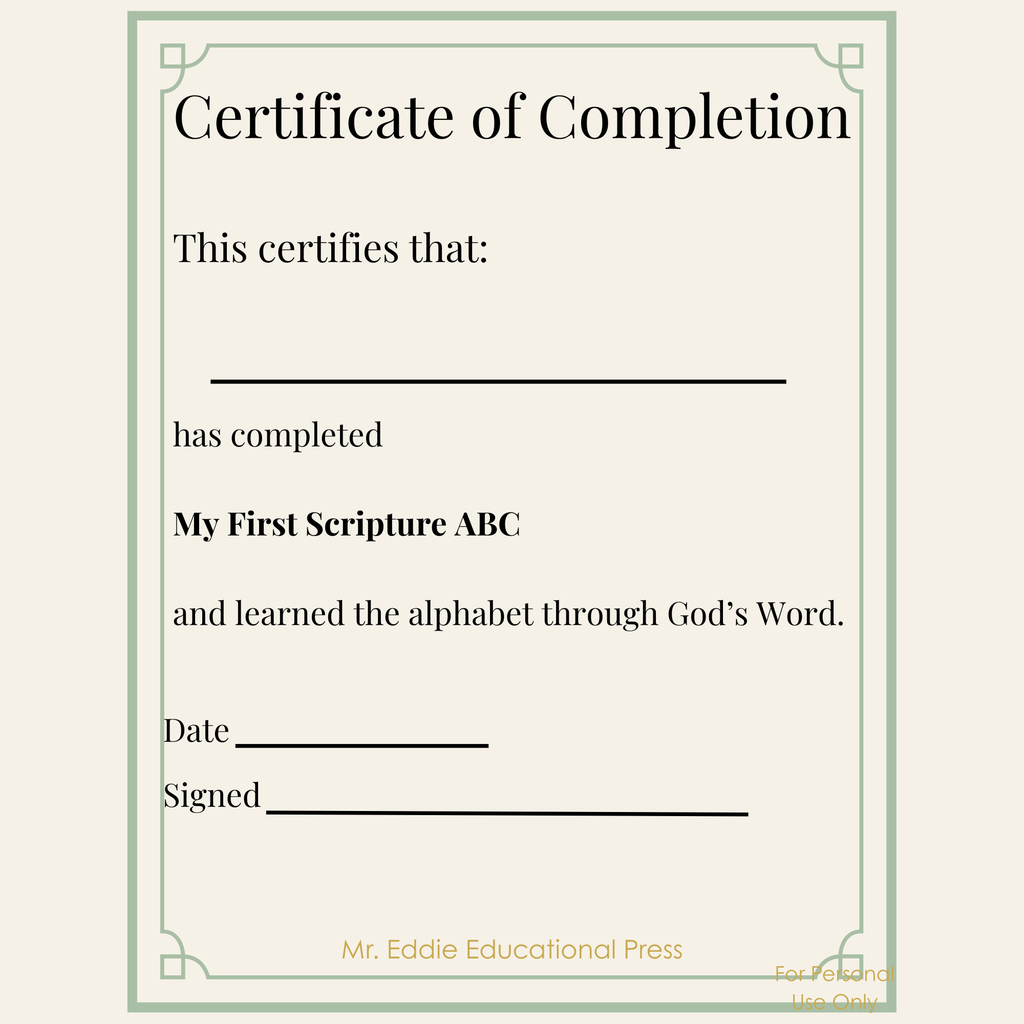 Pre-K Christian Alphabet Coloring Book Printable certificate of completion