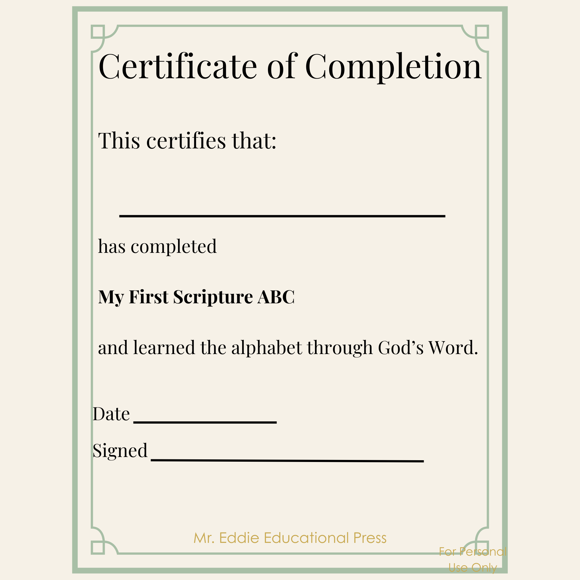 Pre-K Christian Alphabet Coloring Book Printable certificate of completion